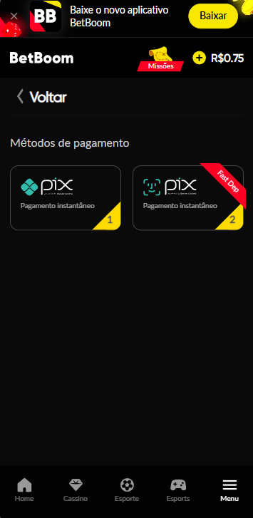 Tela de pagamento da BetBoom mostrando opções de depósito via Pix