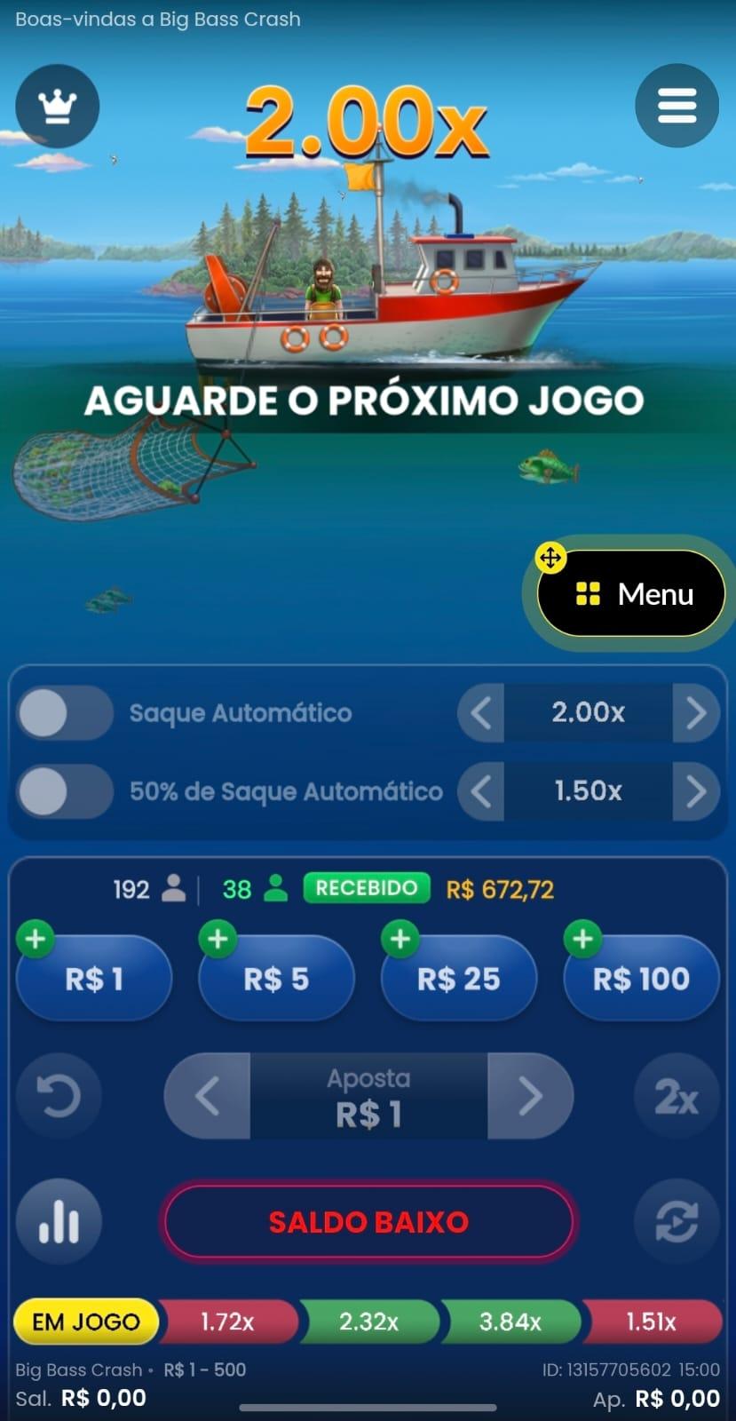 Captura de tela do Big Bass Crash com uma partida em curso com multiplicadores de 2x no cassino da Betboom.