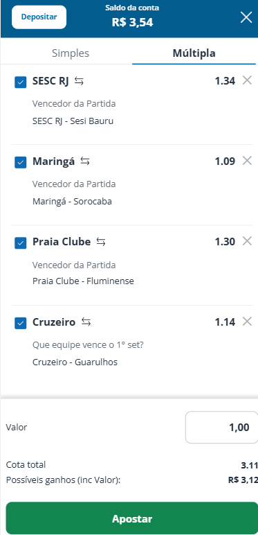 Bilhete de aposta múltipla em jogos de vôlei na Sportingbet com odds combinadas