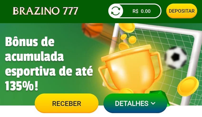 Captura de tela do bônus acumulado de até 135% em esportes na Brazino777.