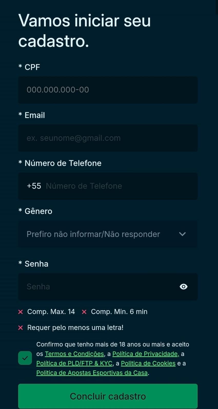 Captura de tela do formulário de cadastro para começar no cassino BandBet.