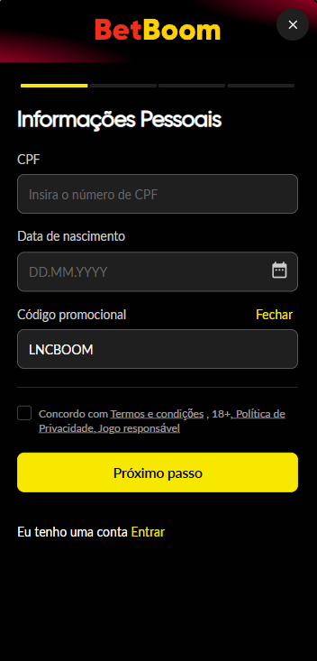 Tela de cadastro da BetBoom com código promocional