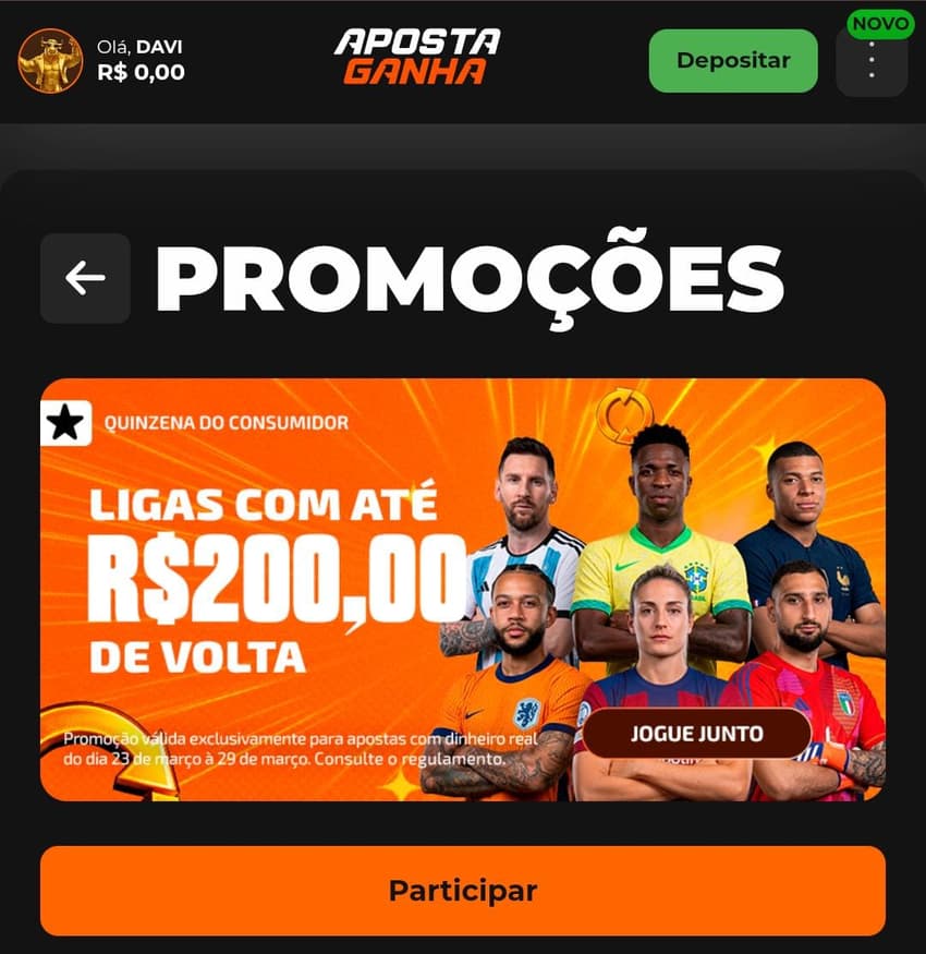Captura de tela da oferta de cashback até R$200 durante a data FIFA na Aposta Ganha.