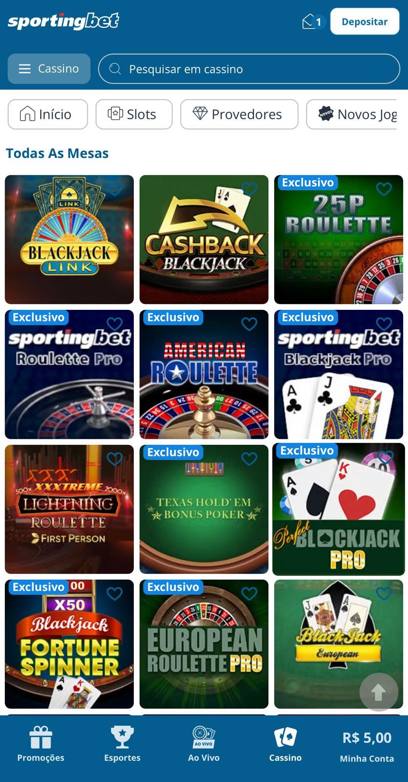 Captura da tela de jogos de cassino ao vivo exclusivos da Sportingbet.