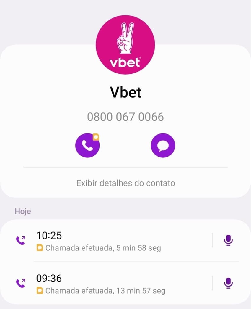 Contato da Vbet com número de telefone e histórico de chamadas realizadas