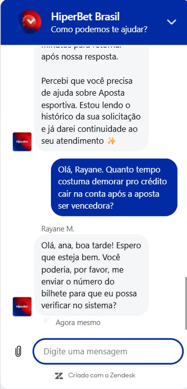 ergunta no chat ao vivo da HiperBet com agente humano