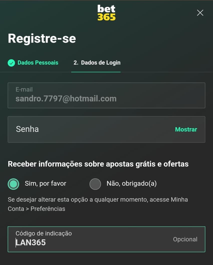 Captura de tela realizada no dia 13/13/2026 mostrando o campo de código de indicação bet365.