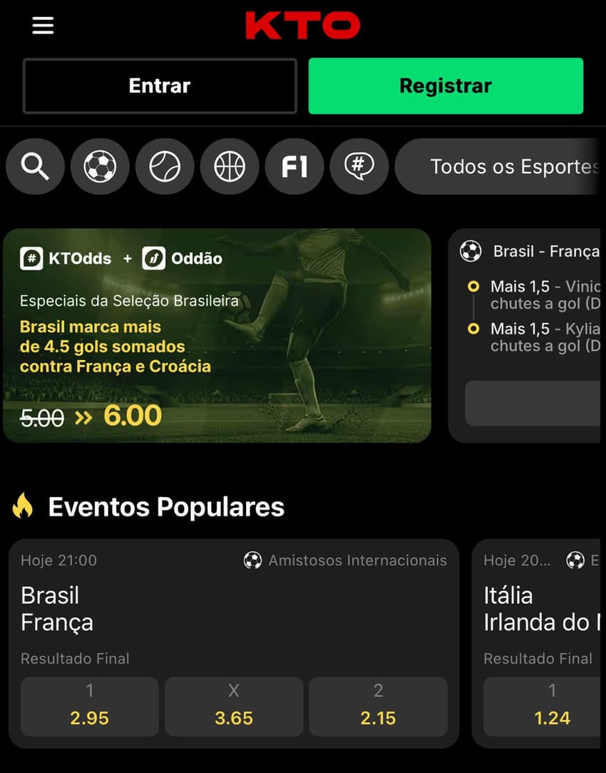 Captura de tela exibe a promoção da KTO para os amistosos da Seleção Brasileira.