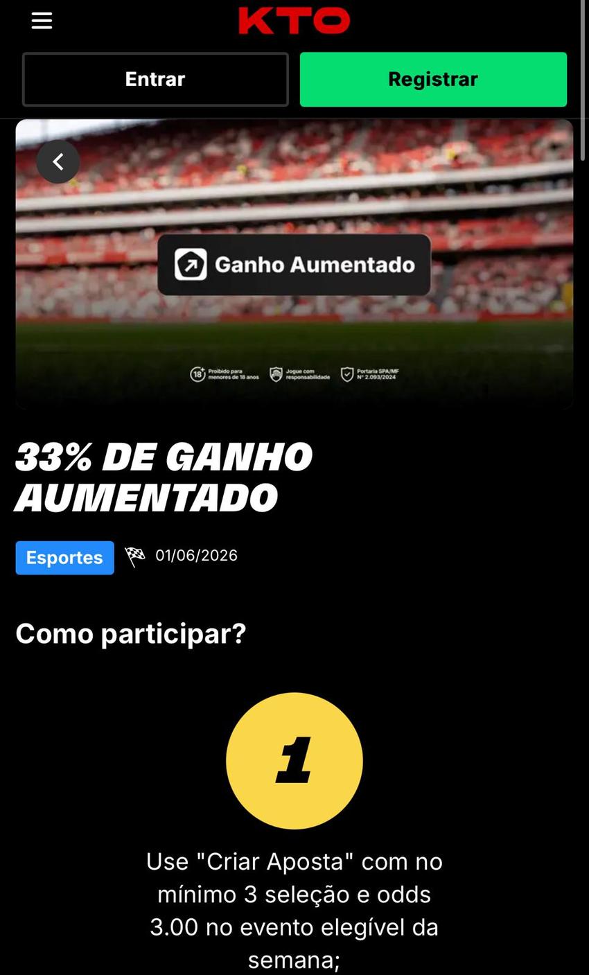 Captura de tela da promoção Ganho Aumentado na KTO.