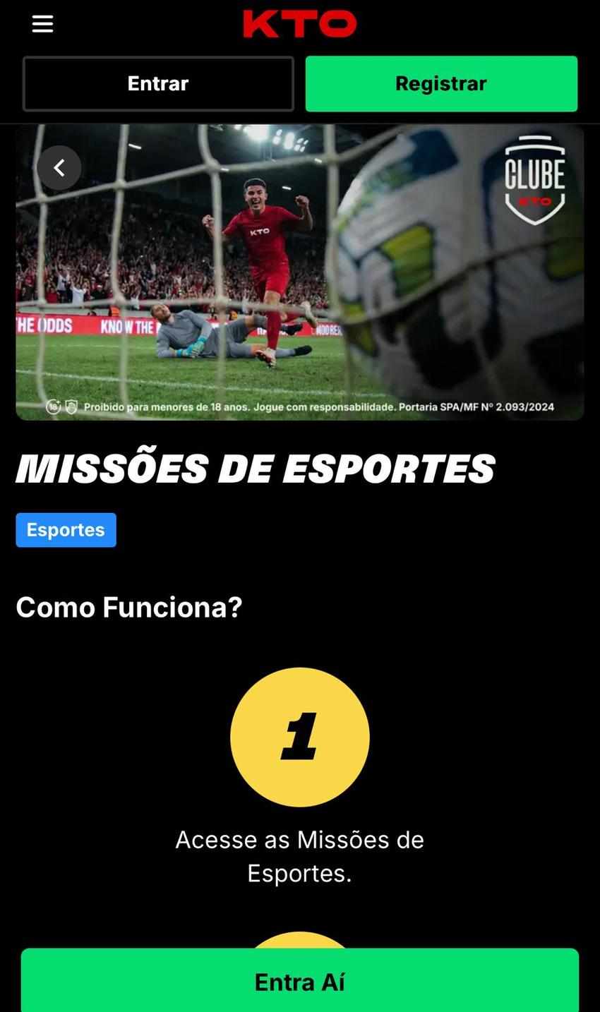 Captura de tela das Missões de Esportes na KTO, com prêmios de até R$5.000.