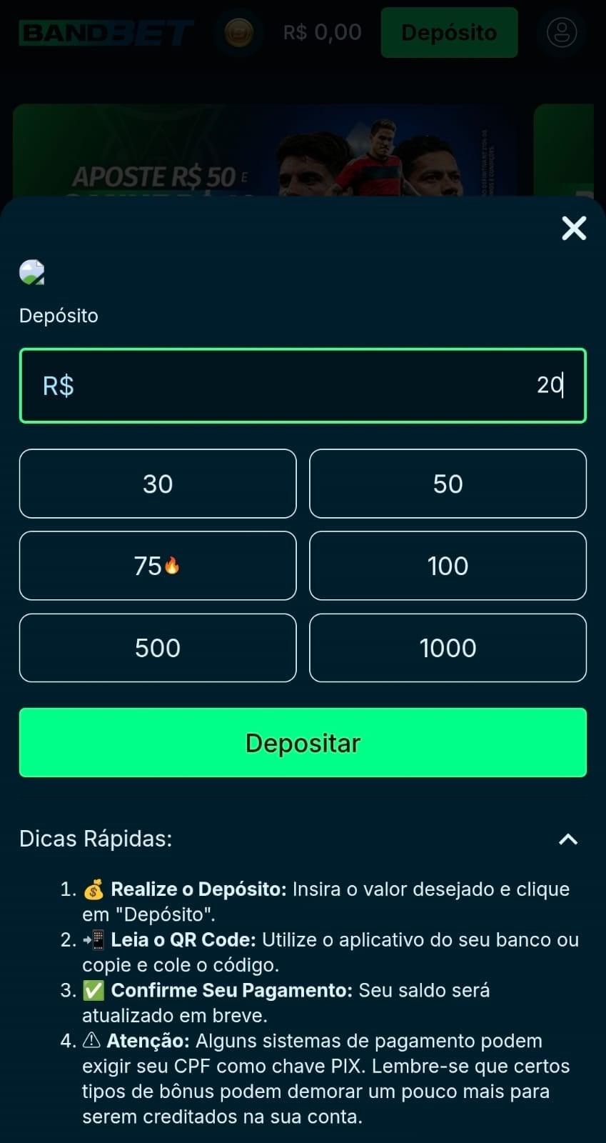 Captura de tela da página de depósito no cassino da BandBet com dicas e botões com valores de pagamento pré-definidos.