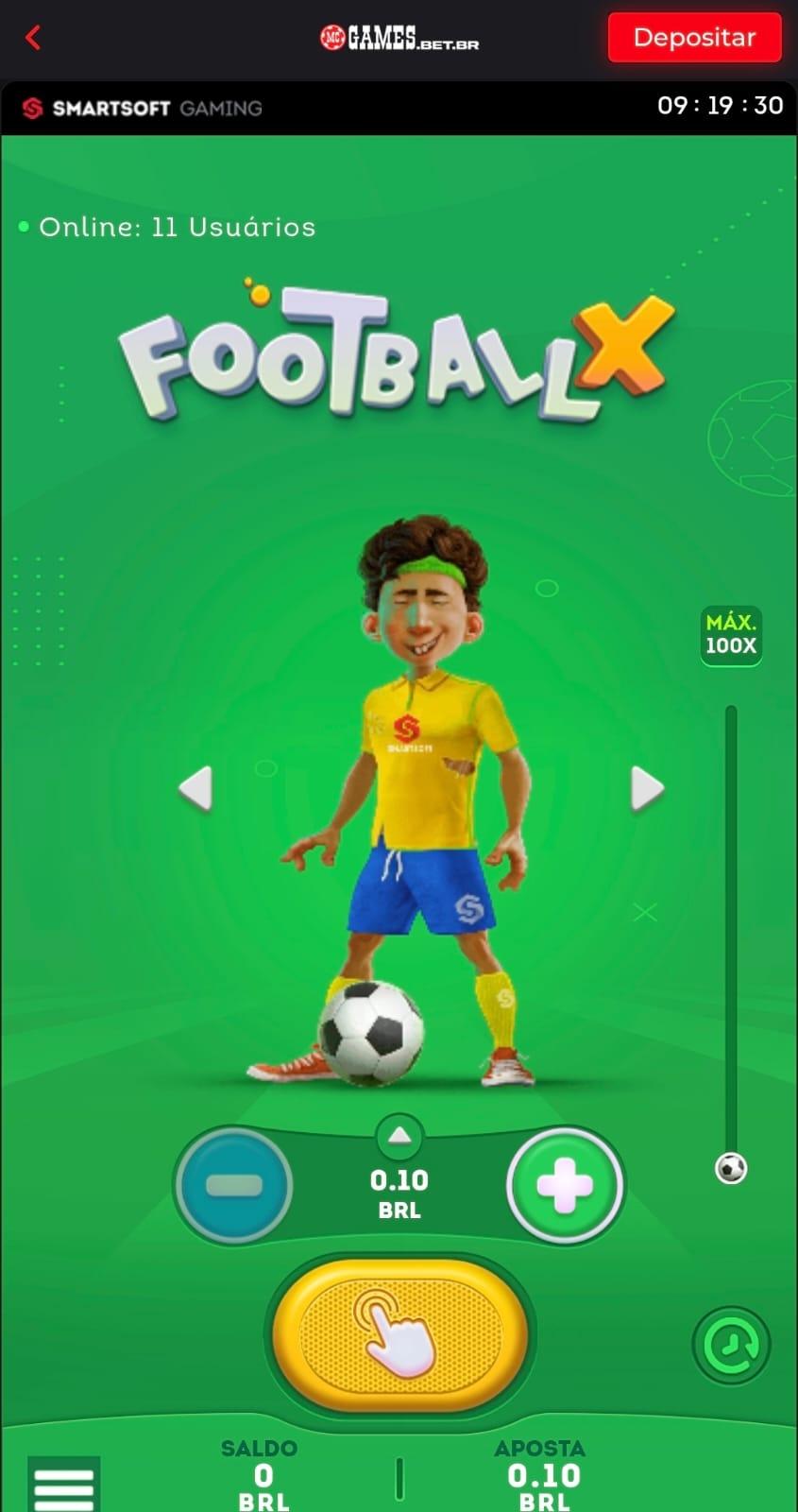 Captura de tela do jogo FootballX na MC Games em uma partida em curso.