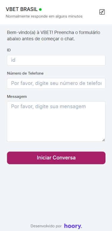 Formulário de contato no chat ao vivo da Vbet com cadastro