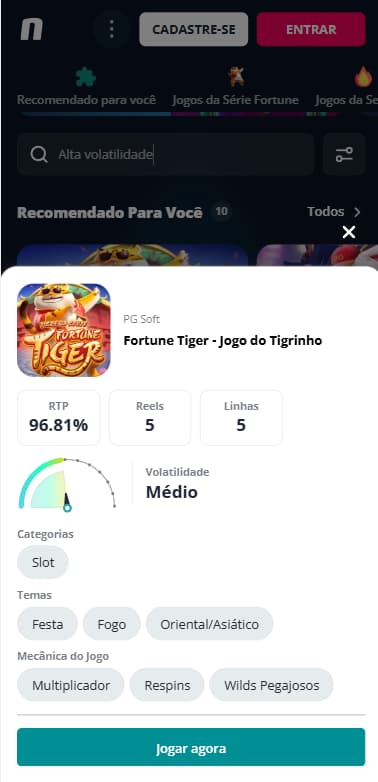Jogo Fortune Tiger na Novibet com RTP de 96,81%, volatilidade média e características do slot
