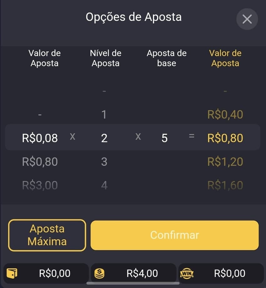 Captura de tela das opções de aposta no jogo do tigrinho da Bet7k.
