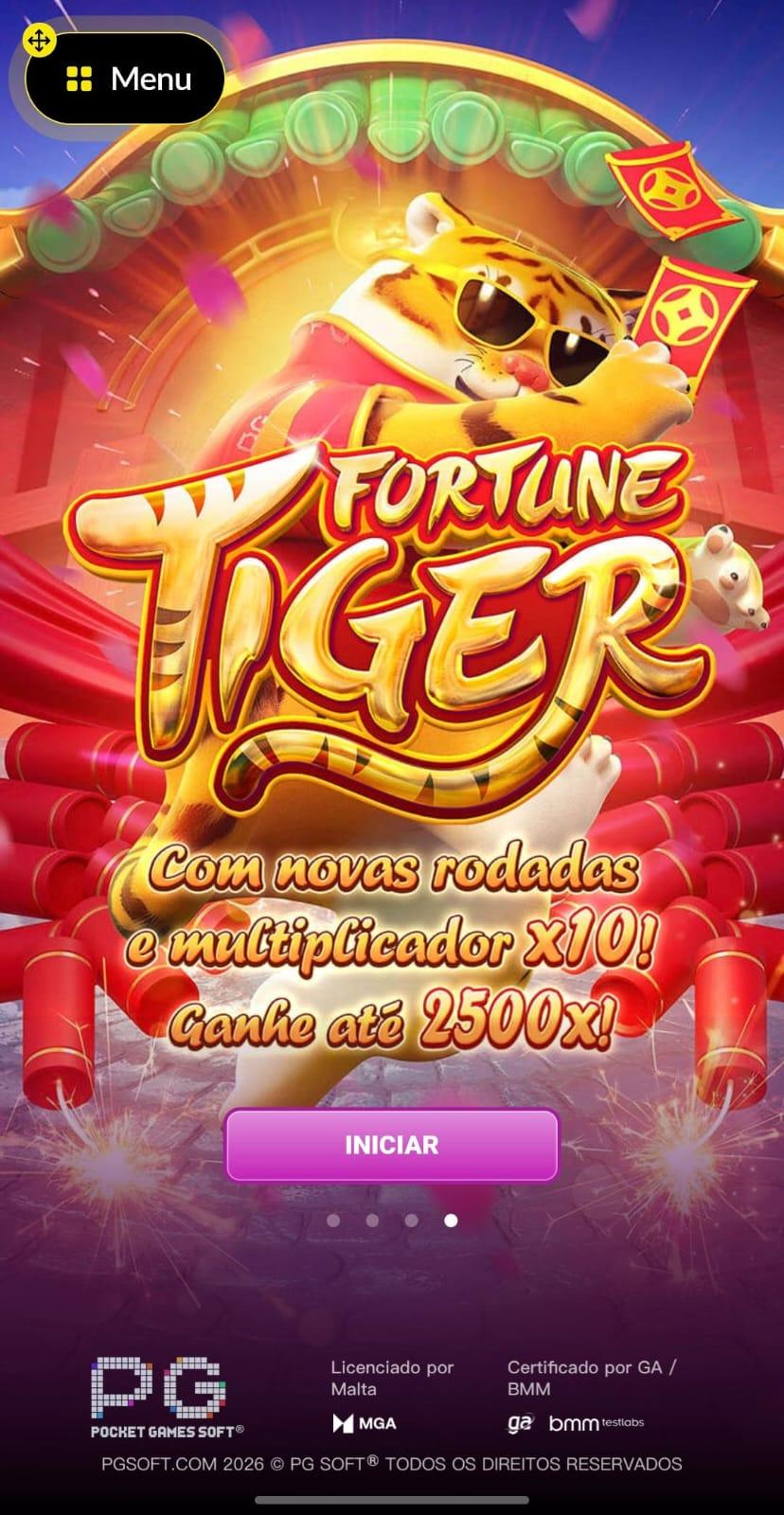 Captura de tela da página inicial do tigrinho na BetBoom com o botão para iniciar o jogo e começar a apostar.