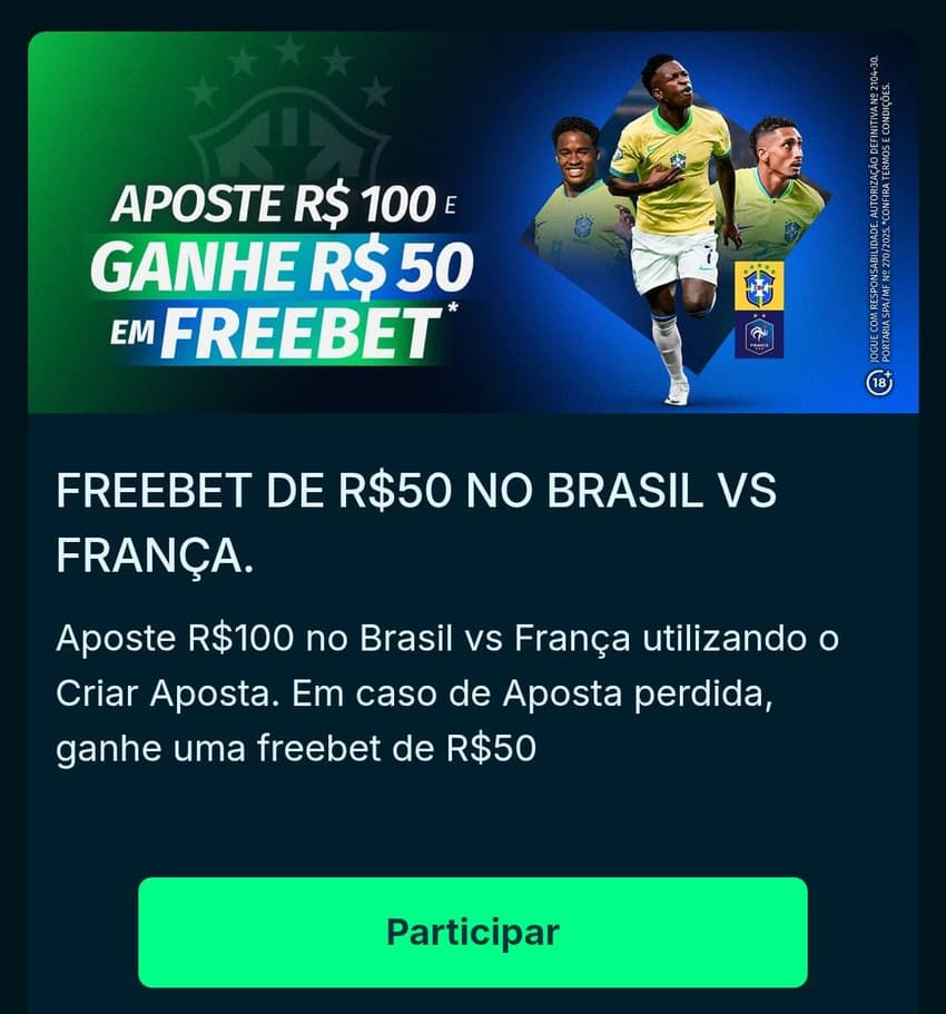 Captura de tela do bônus de freebet no amistoso do Brasil na Bandbet.