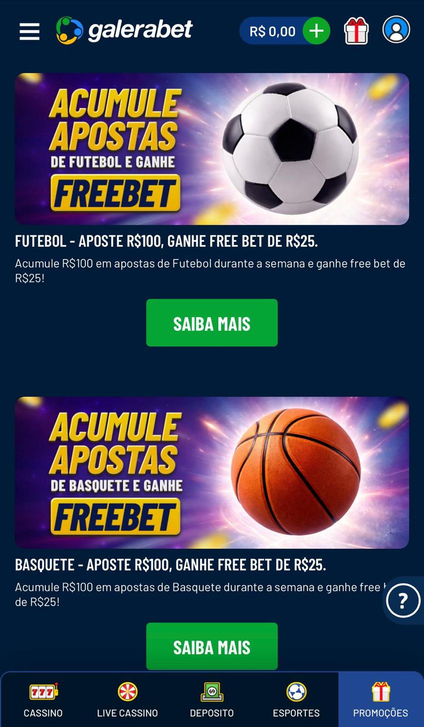 Captura de tela das promoções da Galerabet com bônus em apostas grátis.