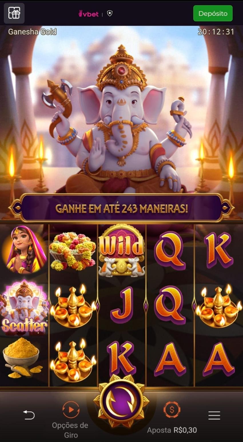 Captura de tela do jogo Ganesha Gold na Vbet com botões de apostas, estrutura do jogo e símbolos resultantes da rodada.