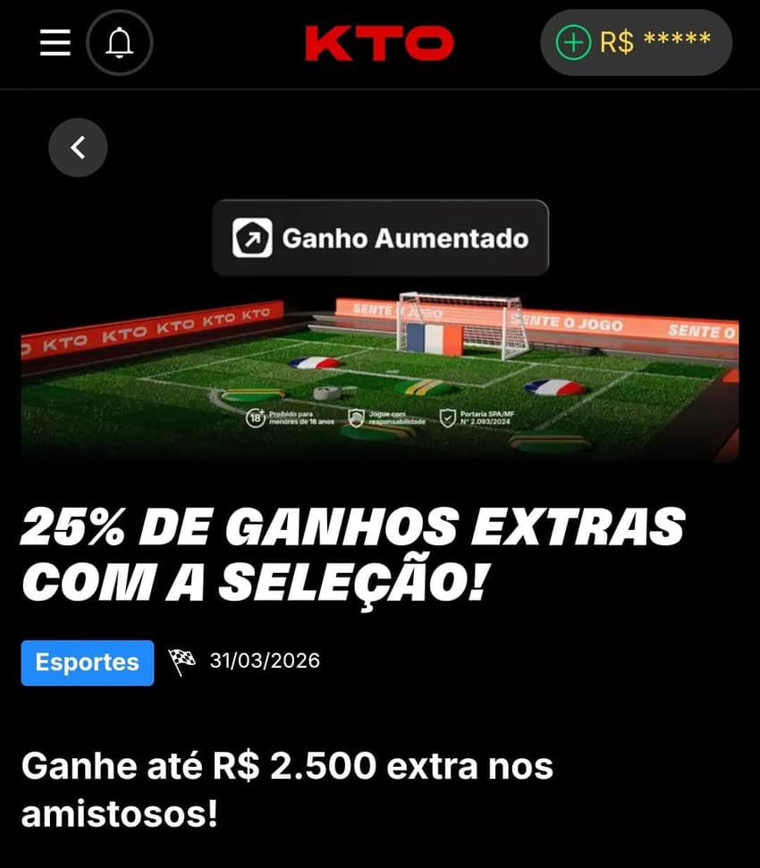 Captura de tela do bônus Ganho Extra de 25%  nos jogos do Brasil na casa de apostas KTO.