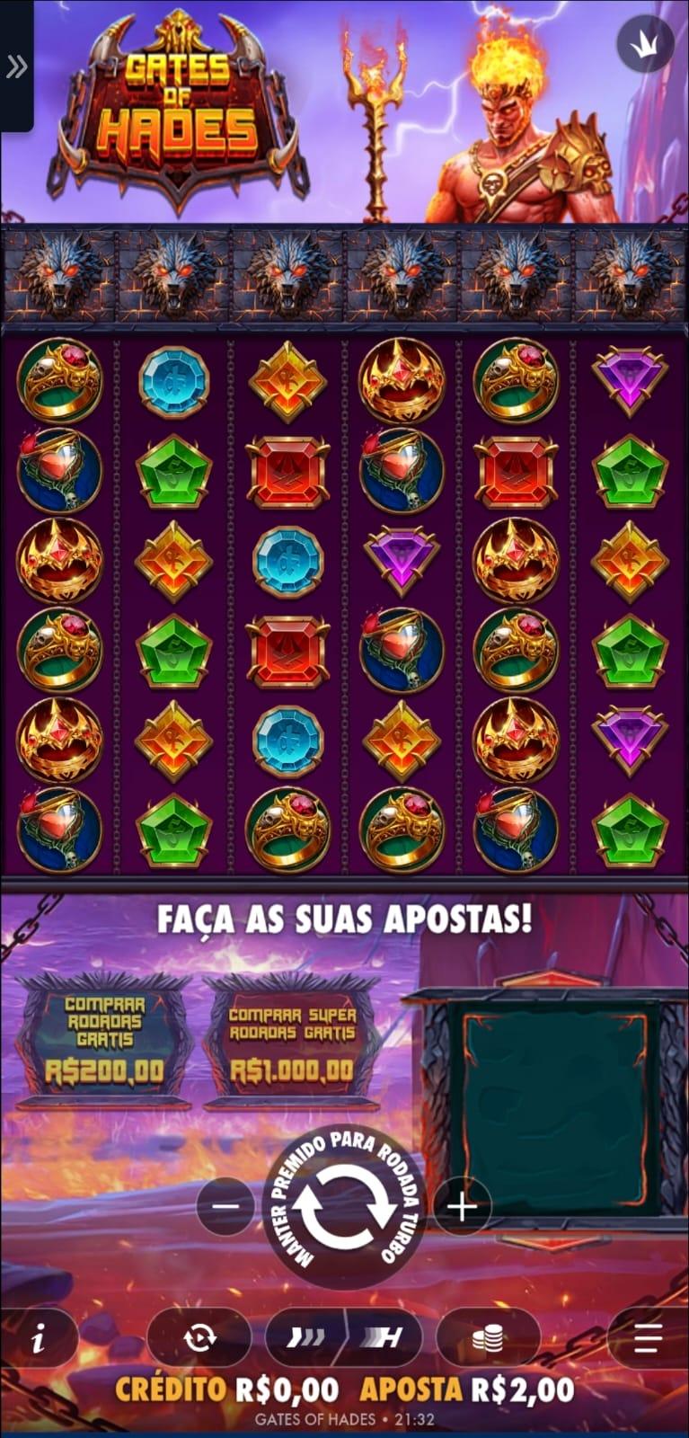 Captura de tela após iniciar uma sessão de apostas no jogo Gates of Hades na EnergiaBet.