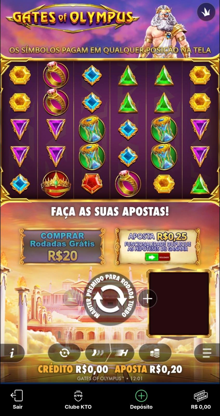 Captura de tela do jogo caça-níquel Gates of Olympus no cassino online da KTO.