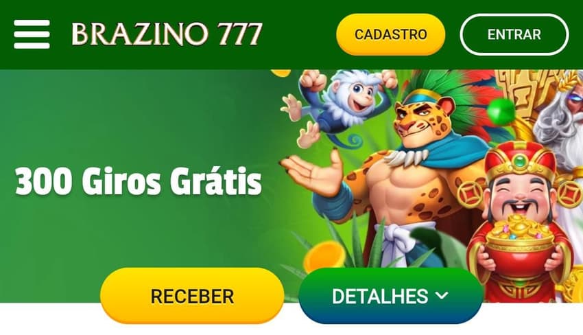  Captura de tela da oferta de 300 giros grátis da Brazino777.