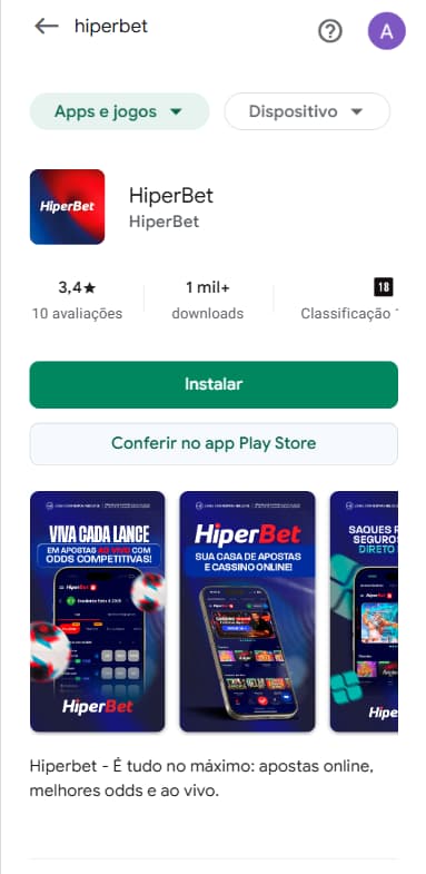 Aplicativo da HiperBet para download na Play Store