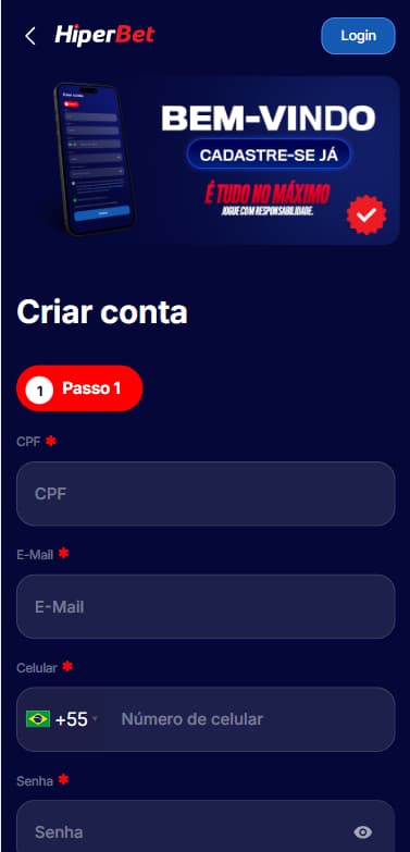 Formulário de cadastro da HiperBet com campos de CPF e contato