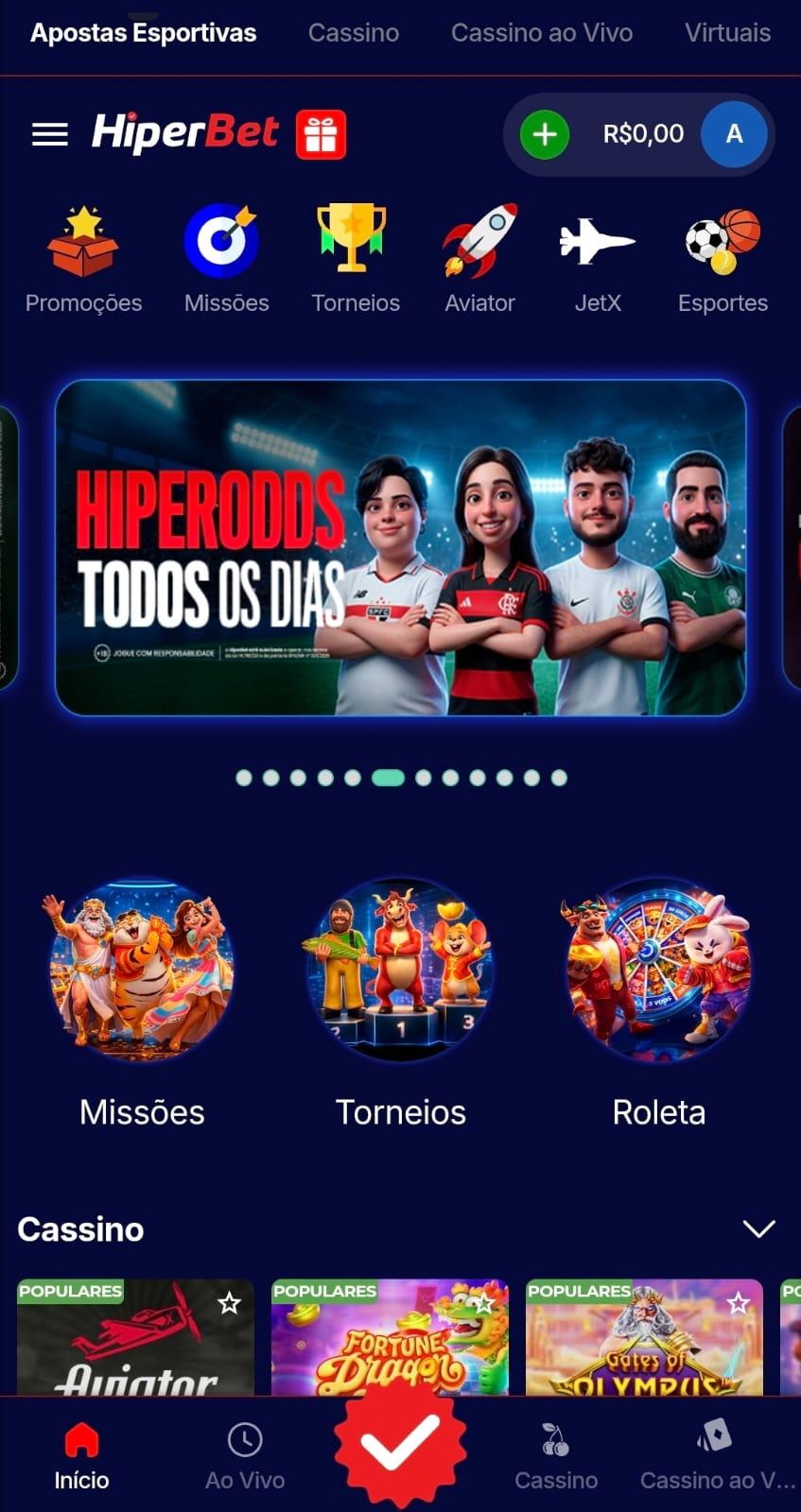 Captura de tela da página inicial da Hiperbet com detalhes da oferta de HiperOdds diárias, missões, torneios e botões de jogos.