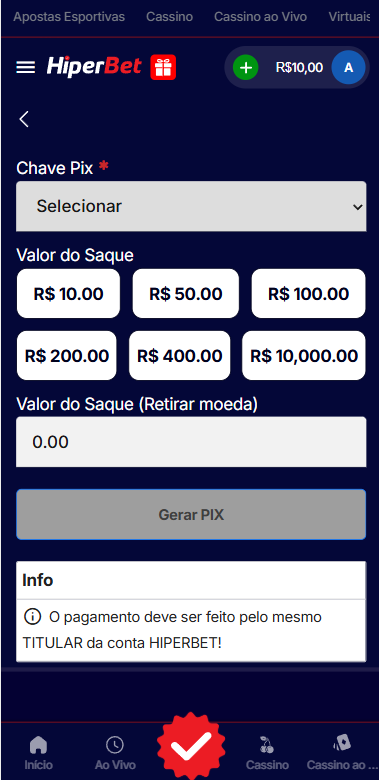 Pedido de saque na Hiperbet via Pix