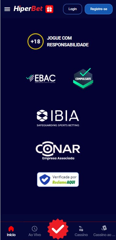  Selos de segurança no rodapé da HiperBet incluindo IBIA e CONAR