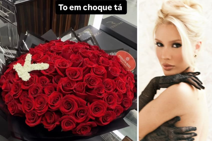 Karolina Lima foi surpreendida com o buquê de rosas vermelhas (Foto: Reprodução)