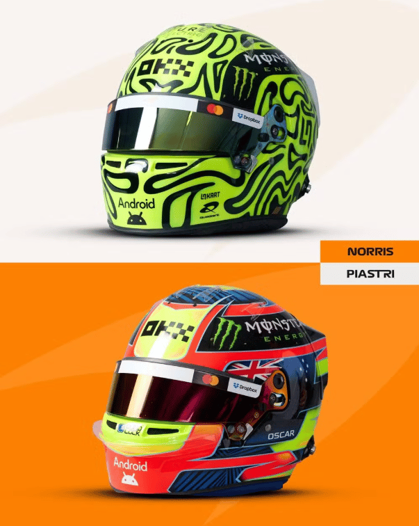 Os capacetes de Piastri e Lando Norris (Foto: F1)