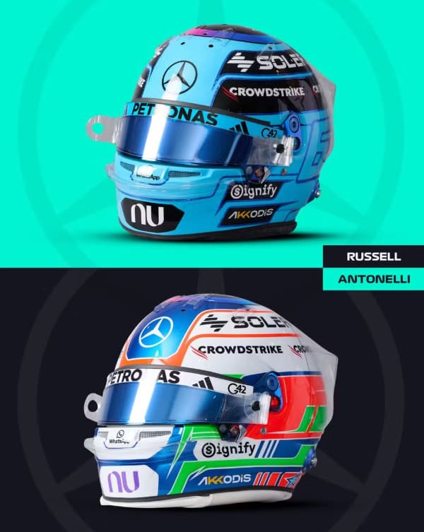 Os capacetes de George Russell e Kimi Antonelli (Foto: F1)
