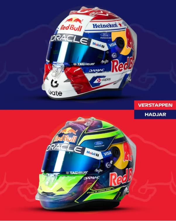 Os capacetes de Max Verstappen e Isack Hadjar (Foto: F1)