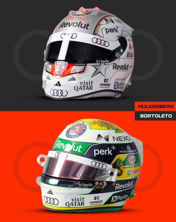 capacetes do brasileiro Gabriel Bortoleto e de seu parceiro na Audi, Nico Hulkenberg