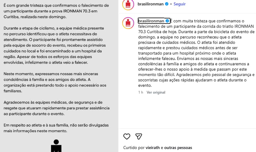 Comunicado sobre a morte de um participante do Ironman 70.3 Curitiba (Reprodução)