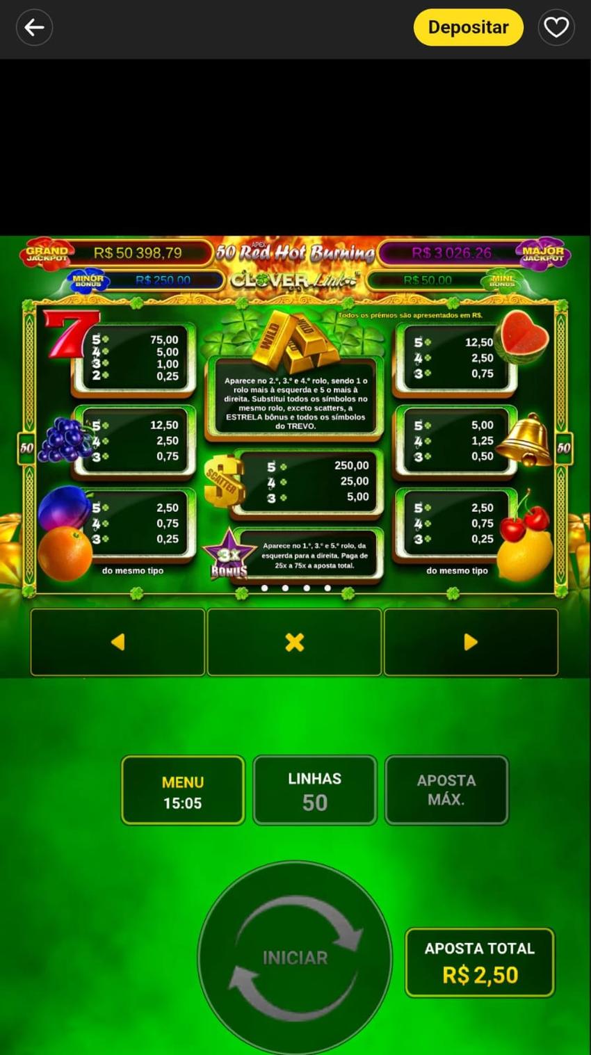 Captura de tela do slot com jackpot progressivo 50 Red Hot Burning na bet365.
