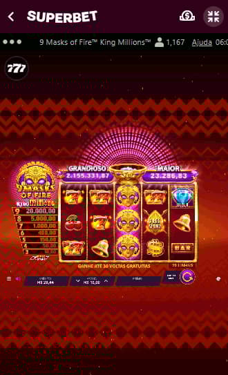 Captura de tela do slot com jackpot progressivo 9 Masks of Fire King Millions na Superbet.