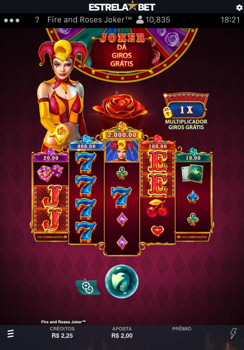 Captura de tela do slot com jackpot progressivo Fire and Roses Joker King Millions na Estrela Bet.