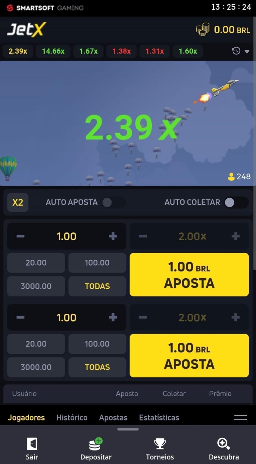 Captura de tela do crash JetX com uma partida iniciada exibindo os multiplicadores alcançados pelo foguete no cassino da Betsson.