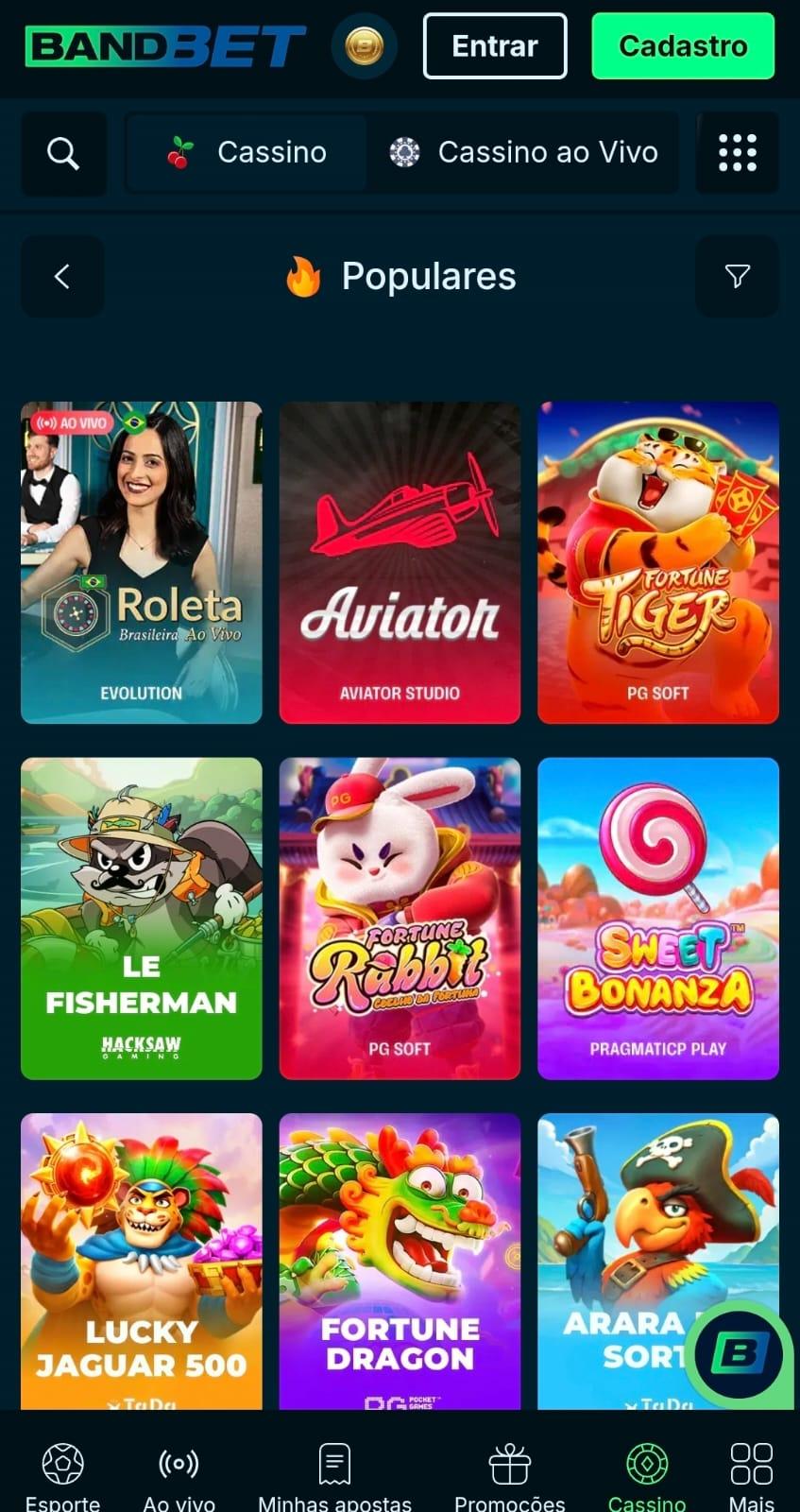 Captura de tela da página de jogos populares da BandBet com os títulos mais jogados na semana.