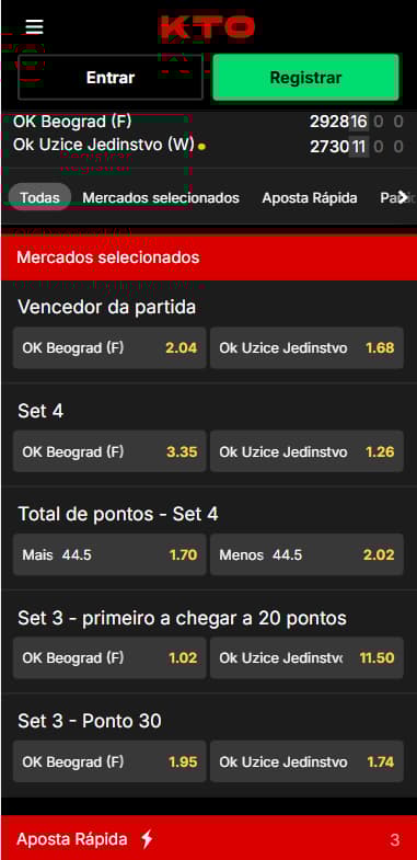 Mercados de apostas em partida de vôlei incluindo apostas rápidas na KTO