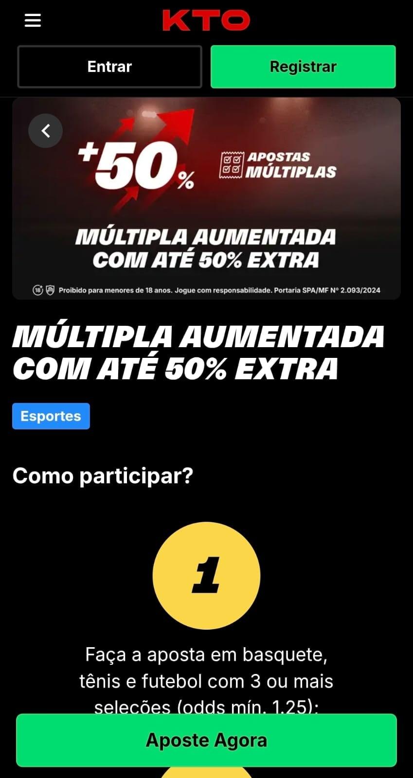 Captura de tela da oferta de Mútlipla Aumentada na KTO válida para apostar nas melhores ligas de futebol.