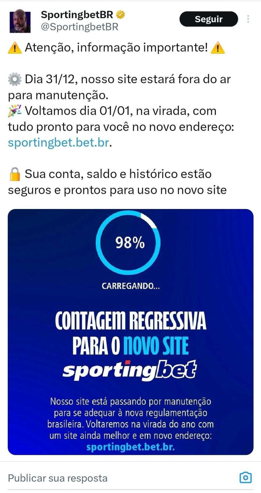 Tweet avisando sobre a manutenção da Sportingbet com antecedência.