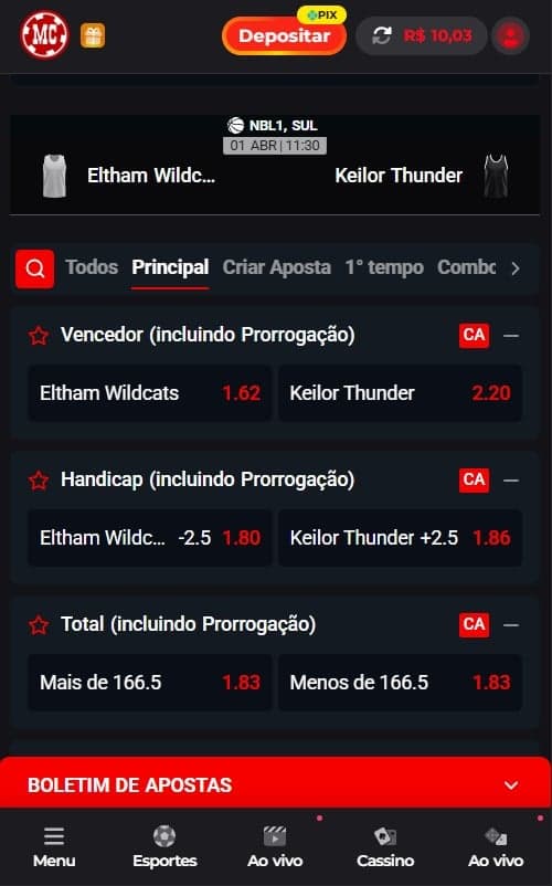 Captura de tela das apostas em basquete na MC Games.