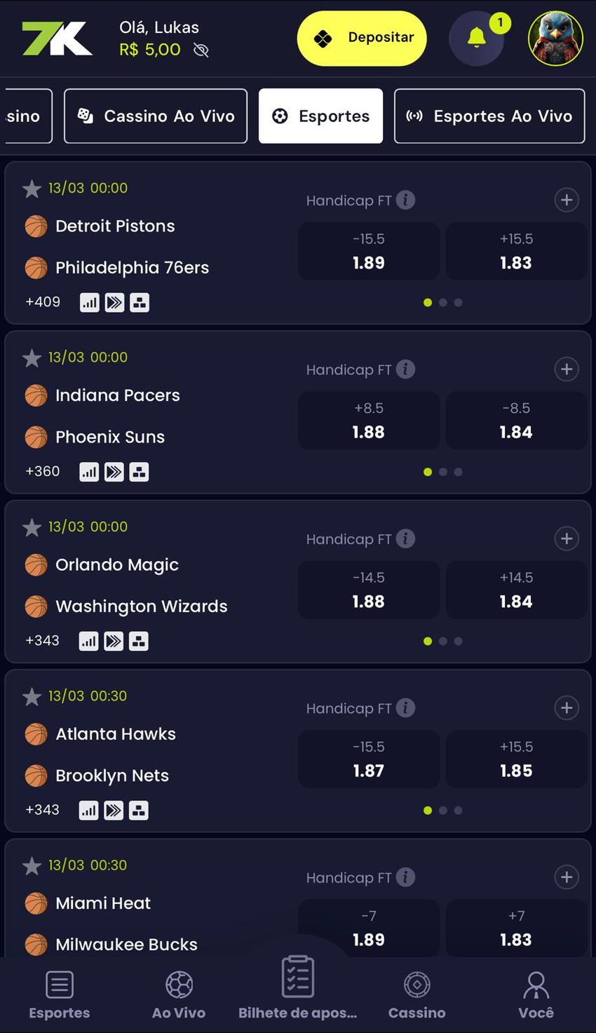 Captura de tela mostra jogos da NBA com Pagamento Antecipado na Bet7K.