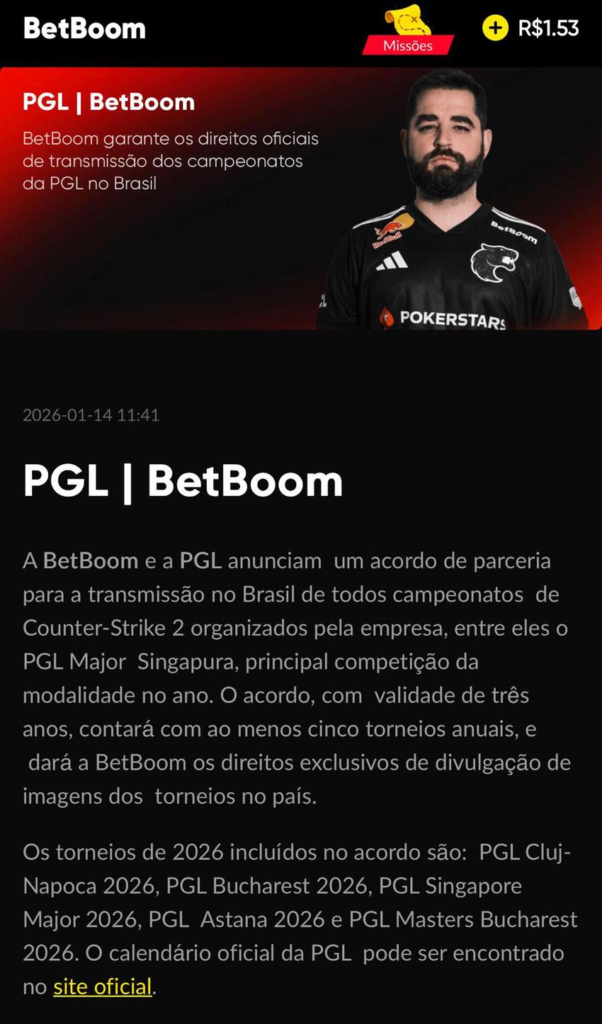 Captura da tela que anuncia o streaming ao vivo de torneios PGL de CS2 na BetBoom.