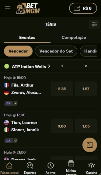 Captura de tela mostra a ferramenta Criar Aposta em jogos de tênis na BetMGM.